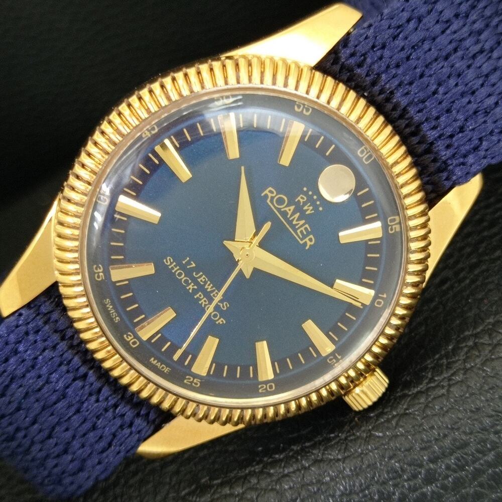 Vintage 1979 Roamer Manual Mens Gold Watch W/Nato Strap & Blue accents